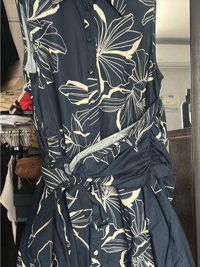 Aritzia Navy Midi Dress with Cream Floral Print